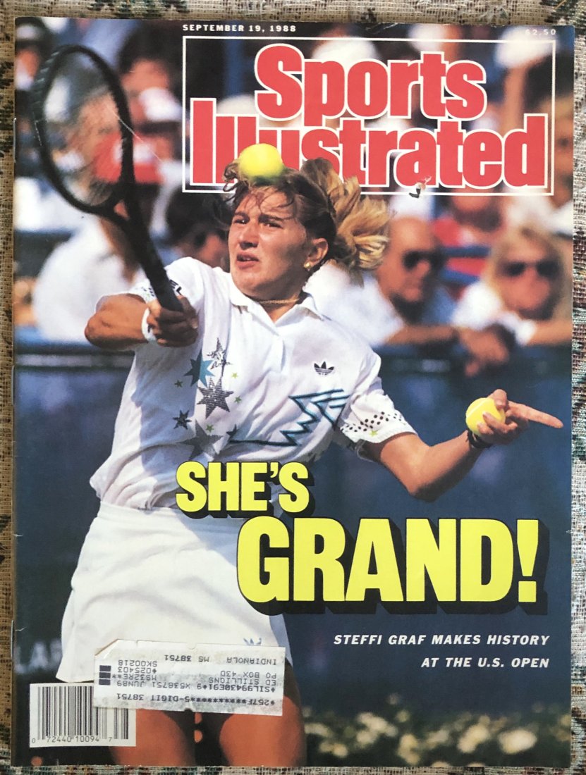 Sports Illustrated: Sept.19, 1988, SHE'S GRAND!, Steffi Graf makes history at the US Open, has mailing label, see photos.
