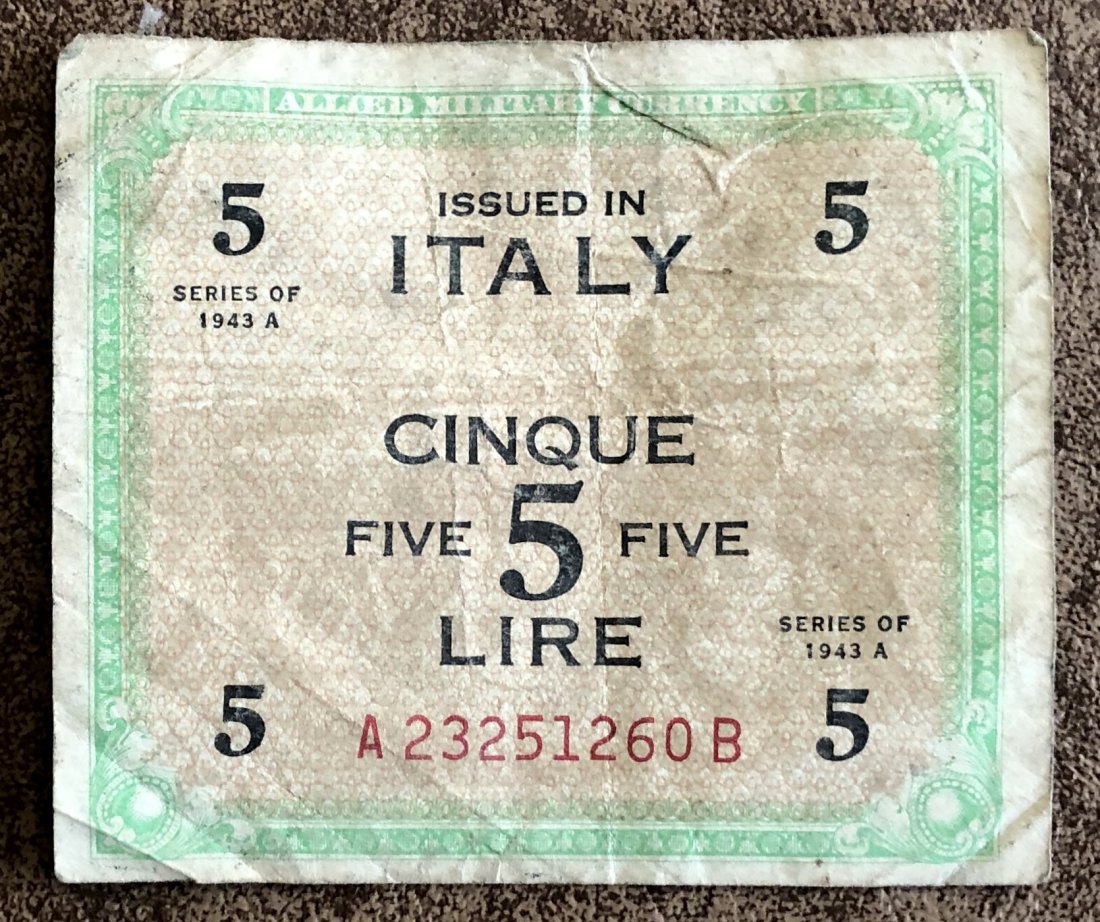 Allied Military Currency: Series of 1943 A, Five Lire , see photos.