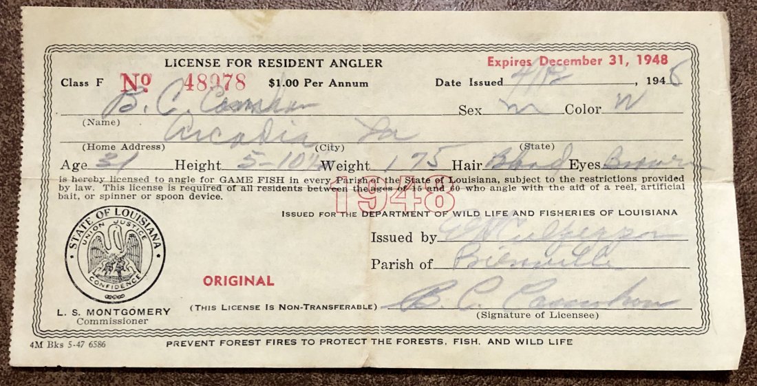Louisiana Fishing License: 1948 Resident Angler License.
