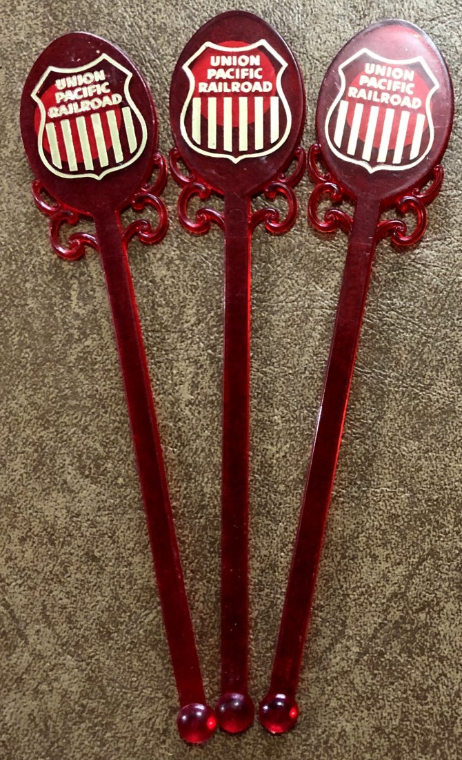 Union Pacific Railroad: Three Union Pacific Railroad plastic mix drink sticks.