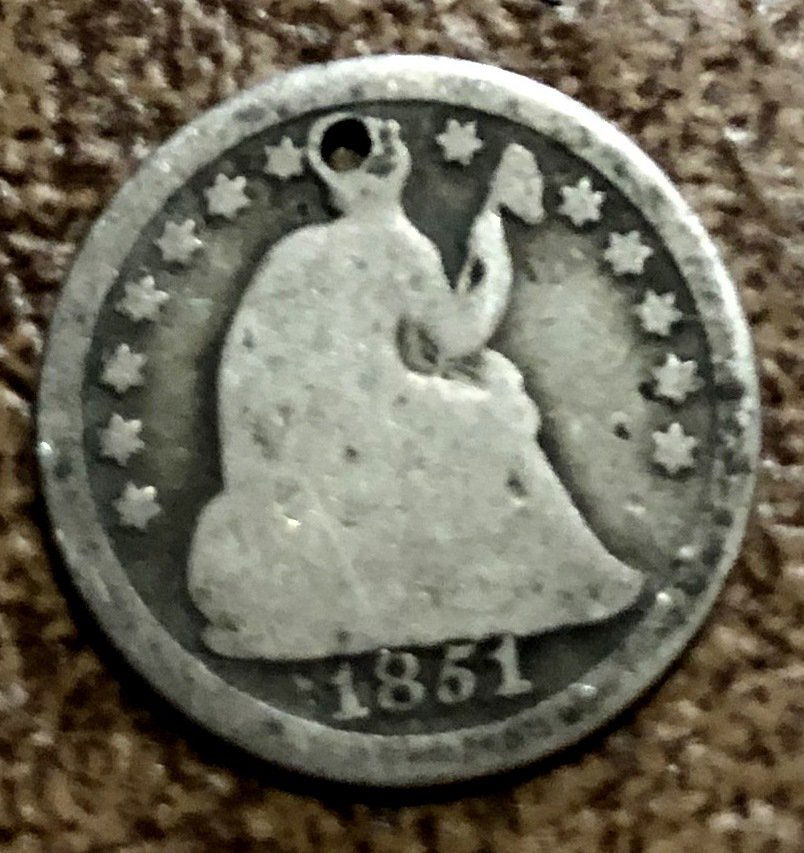 Seated Liberty Half Dime: 1851 O with hole.
