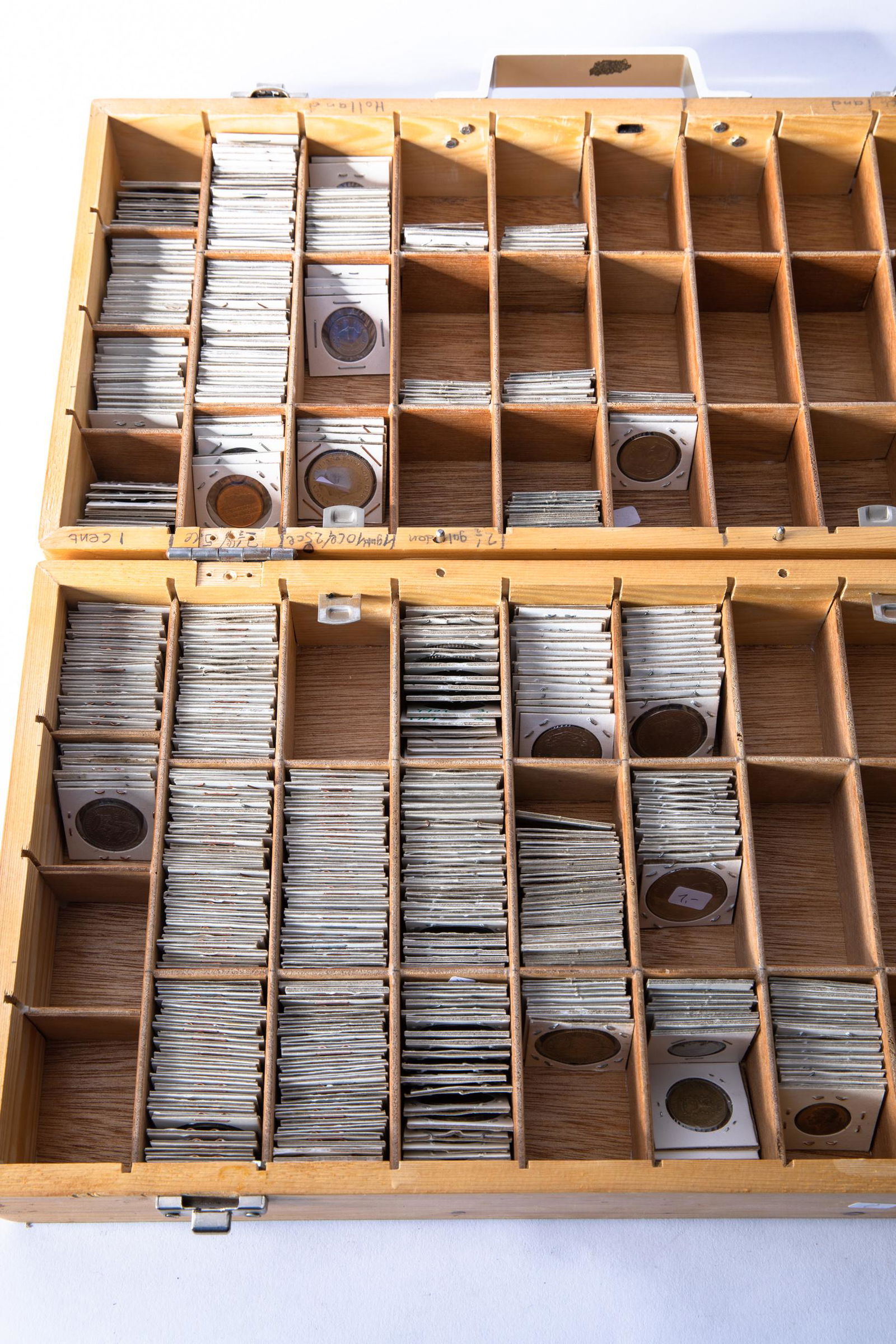 Wooden box, coins various countries 1910-1981 (1 of 9)