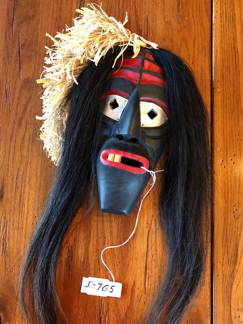 Iroquois False Face Mask, Harvest Mask: Irocrafts mask, Turtle Clan, c. 1970, numbered, has black horse hair with corn husks.. 12 x 6 inches wood face. [ in-house shipping, $15. w/o insurance ]