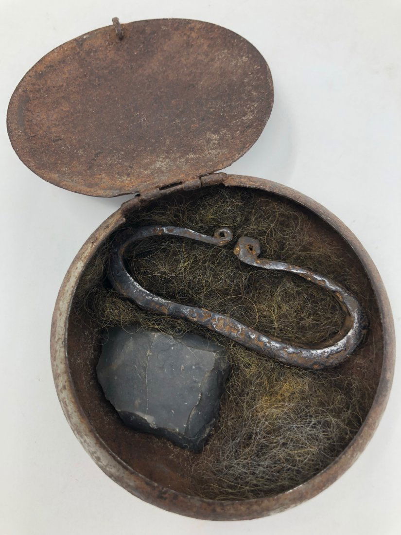 Round Tinder Box with Striker, c. 1680-1750.   (C872). (1 of 5)