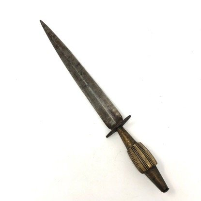 European Plug Bayonet. (K294): European double sided plug plug bayonet with iron cross guard, probably English or Spanish. Early, .69 cal musket size. 13 inches long o/a, x 9 inches blade, and medium ridge 1 inch wide blade. Brass 