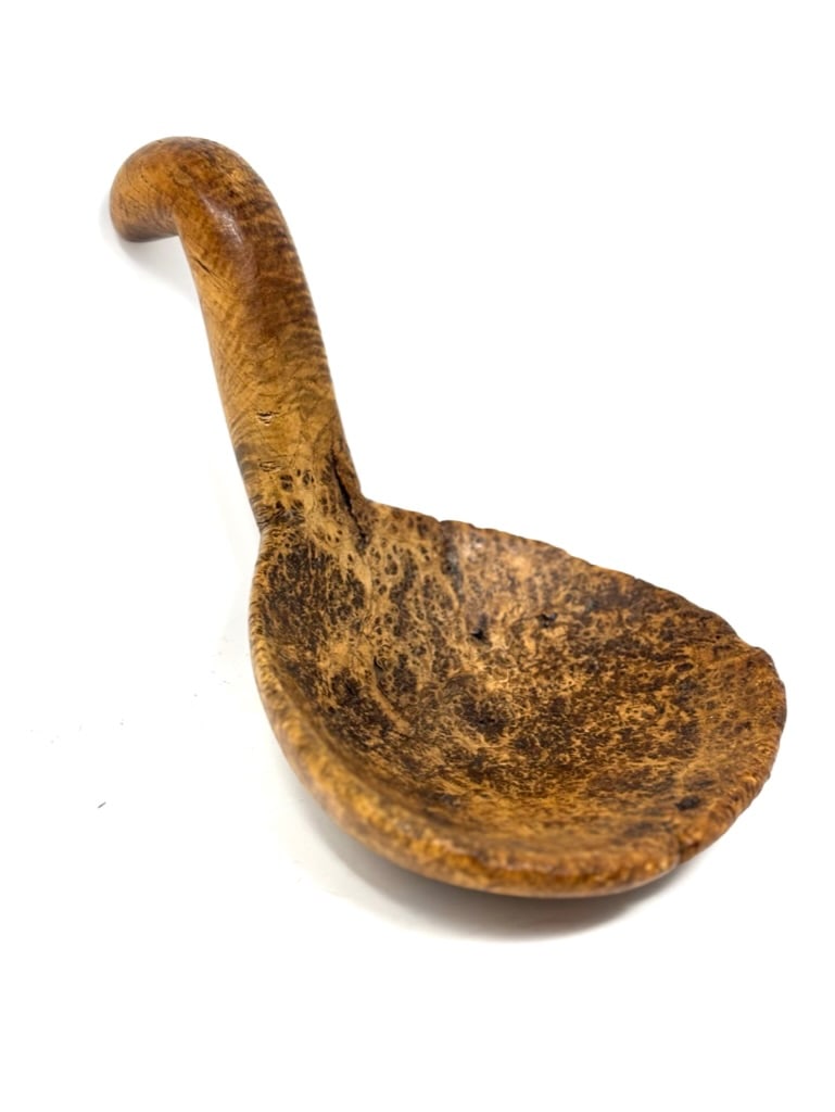 Ash Burl Indian Ladle: Here is a lovely ash burl Native American Indian Ladle with only a couple short natural grain splits. The ladle is 9 1/2” x 5 1/2” wide. The end of the handle has an abstract bird head