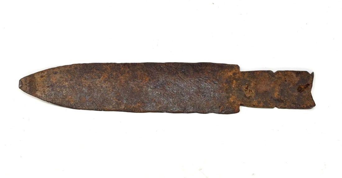 Hand Made Dagger Knife Blade: A hand made dagger knife blade. Backwoods or Indian made for the trapper or Indian belt. Possibly made from a wagon wheel rim. It is heavy and has a slight thinning to the edges from wide mid-median c