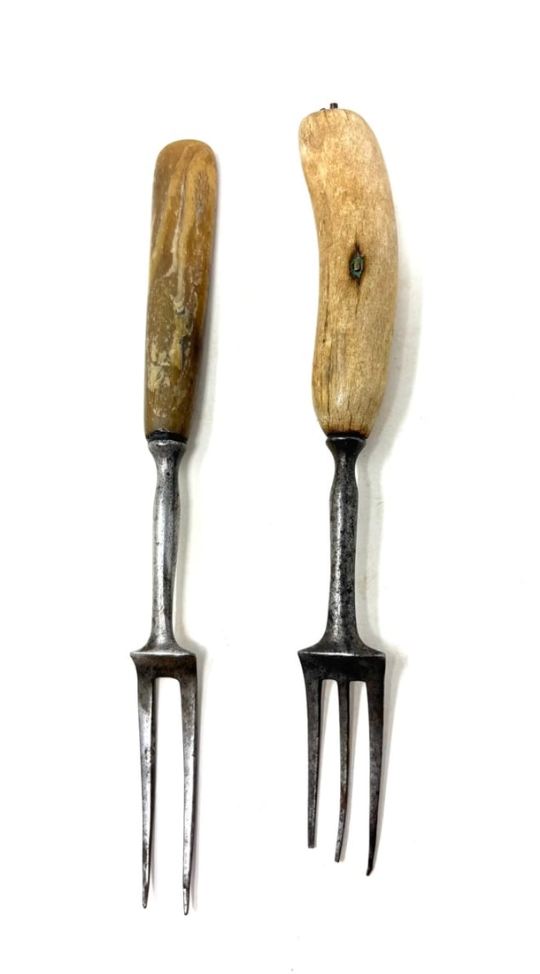 Two Colonial Bone Handle Forks: Two Rev. War era forks. One has 2-tines and one 3-tines. Both have bone handles. In-house shipping $15. C-91