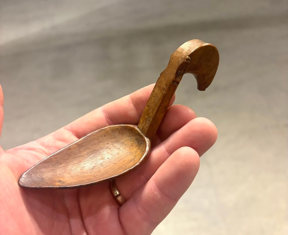 Indian Effigy Medicine Ladle: Offering a nice small medicine Indian ladle carved from maple. It is a diminutive effigy spoon having an interesting spoon-bowl carving shaped like a tea spoon, which is unusual for an Indian Ladle.