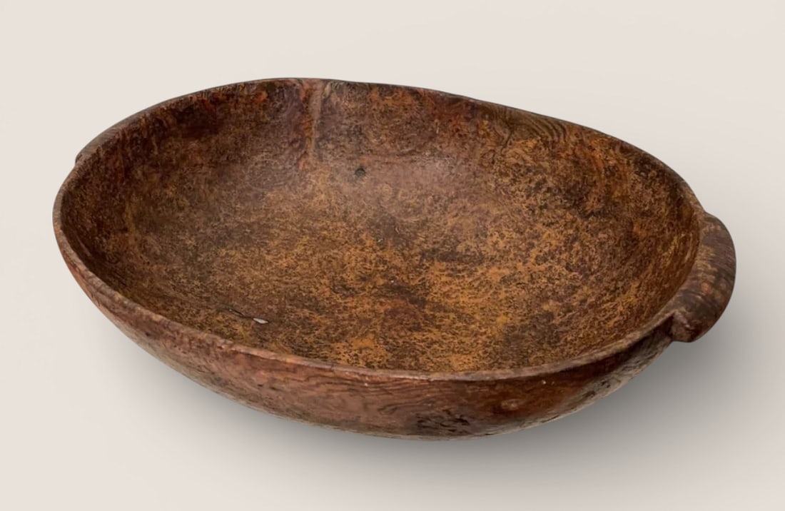 Native American Ash Burl Tab-Handled Bowl: Offered is a Native American Ash Burl Tab-Handled Bowl of a large, rare size for double handled, being 19 1/2” x 15” x 5” high.This monumental hand-carved bowl is a powerful example 