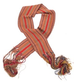 Indian Finger Woven Metis Assumption Sash: A Northeastern Great Lakes Indian finger woven Assumption sash, having 6 bright colors. It is a nice wide size, 7 1/2” wide x 74”, 27” fringe. circa. 1840. In-house shipping $20.;
