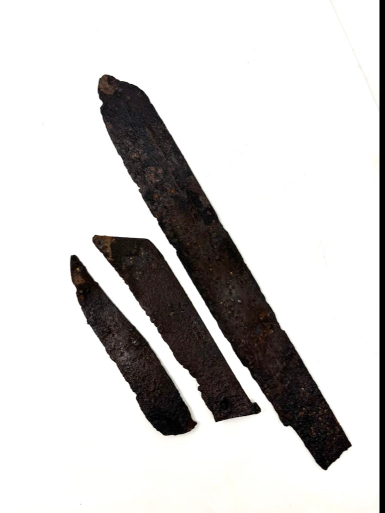 Michigan Fur Trade Knive Blades: Three fur trade knife blades found near Fort Michilimackinaw, MI. circa. 1750. 4 1/4" to 9 1/2" long x 1 1/4" wide. One folding knife is stamped-illegible. In-house shipping $20.; optional insurance: 