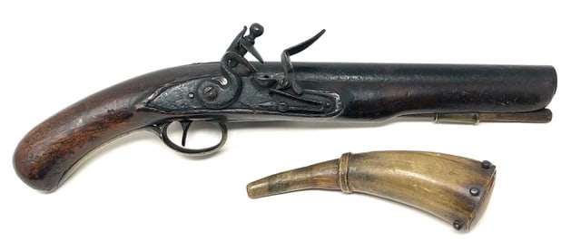 Flintlock Pistol and Pistol Powder Horn: Here is a nice complementary arrangement of two 18th century period items; a flintlock pistol and a pistol powder horn with a long neck for a FL.The early flintlock pistol is possibly an English sea s