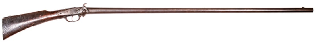 Unusual Folk Art Perc. Fowler: A nice unusual Folk Art perc. Fowler type smooth bore. This gun was made without a fore-stock as the Queen Anne period pistols and early air rifles. Hand made, American, with a curly maple stock havin