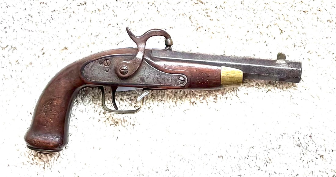 Unusual Folk Art Perc. Pistol: A nice unusual perc. offset hammer type pistol. This gun was made with the nipple on top of the bbl with a hammer offset to strike the nipple set on the top flat of the oct. barrel No ram rod or provi