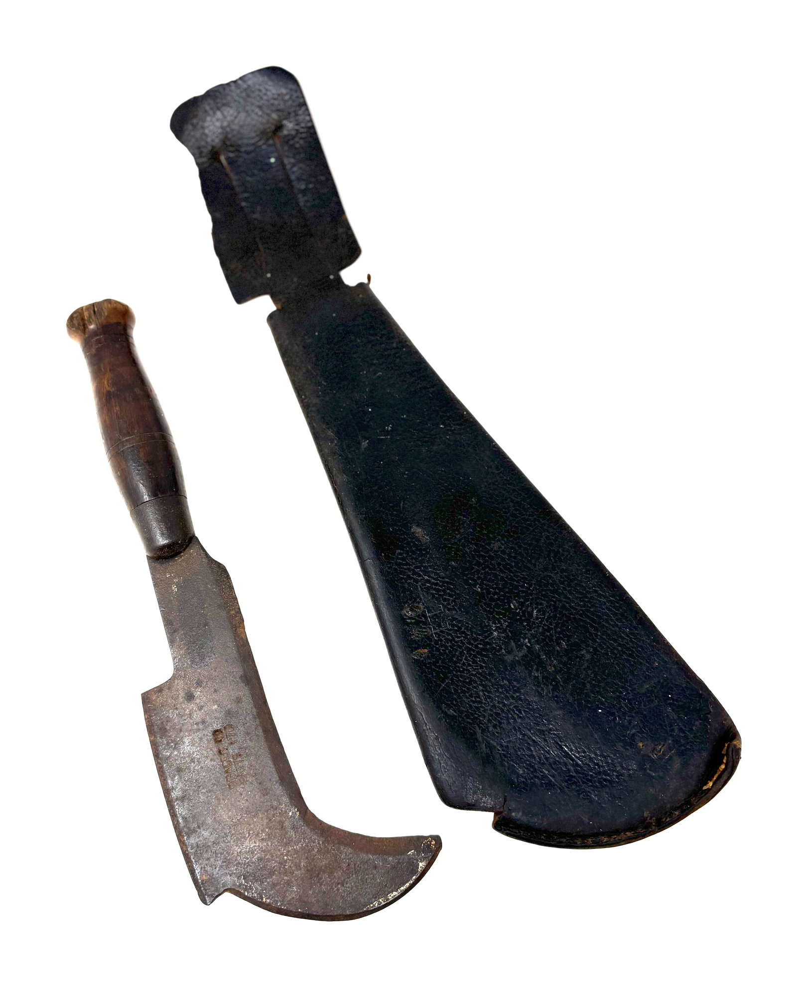 Rev. War Fascine Knife and Sheath: Offered is a Military style, Rev. War era fascine knife with its original leather sheath. It has a hooked blade, 8" long, with an axe blade extending on the top. Has a wood turned handle, and the
