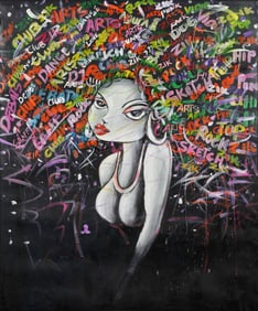 Untitled (Monochrome Muse with Neon Tag Cloud)