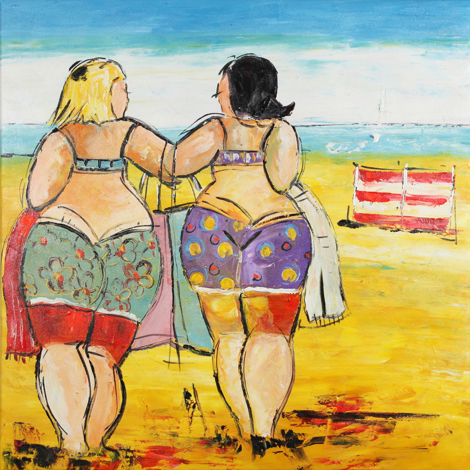 Untitled (Two Women Walking on Beach): Party girls Manfred Artist: Manfred Medium: acrylic on canvas Size: 39x39(inches)