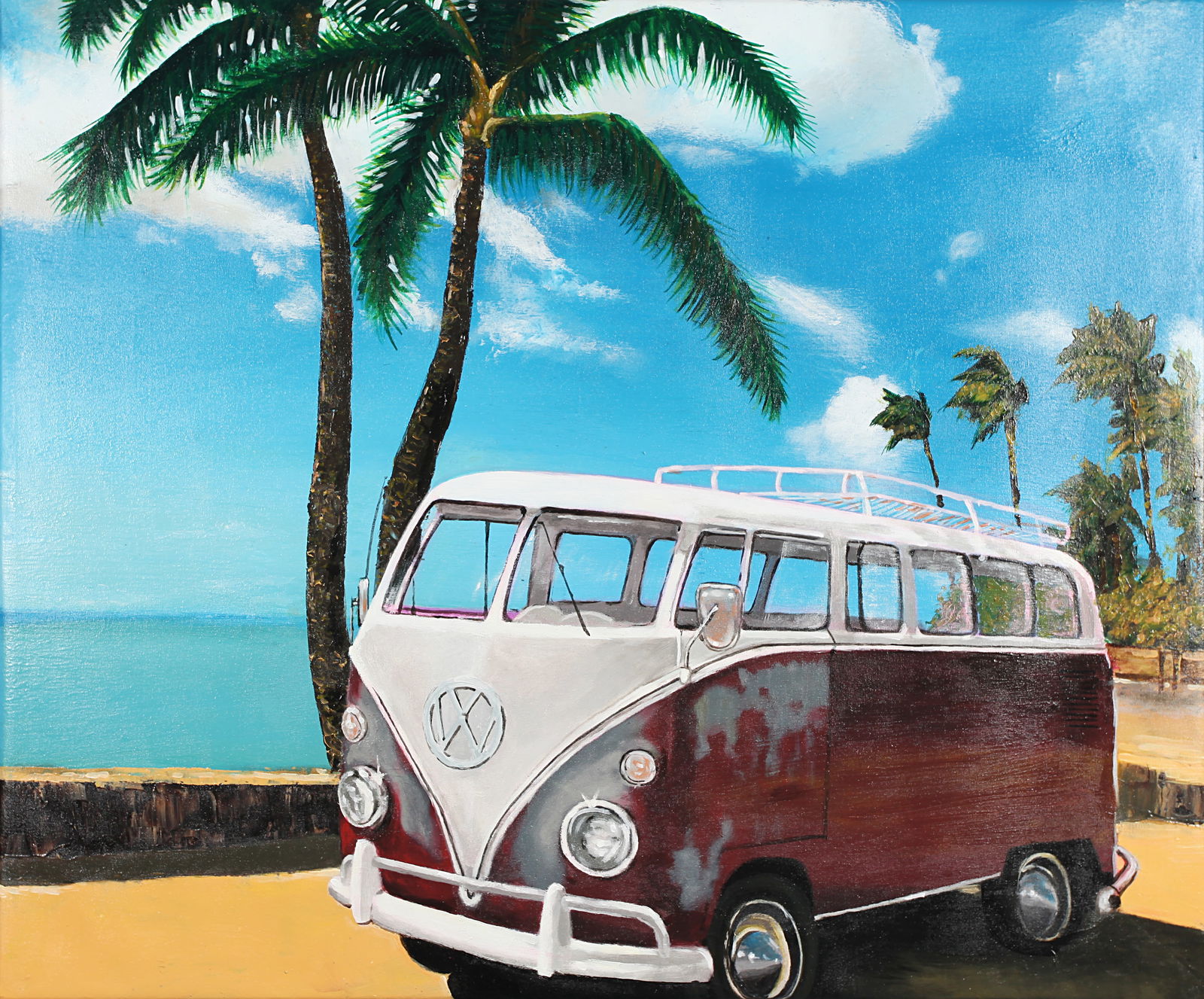 Untitled (Beach Van under Palms): Manfred's funky, hippy-style of painting is perfect for warm weather locations. While European, Manfred spent his youth in the United States, painting pop-art beach settings such as his Cobble Beach S