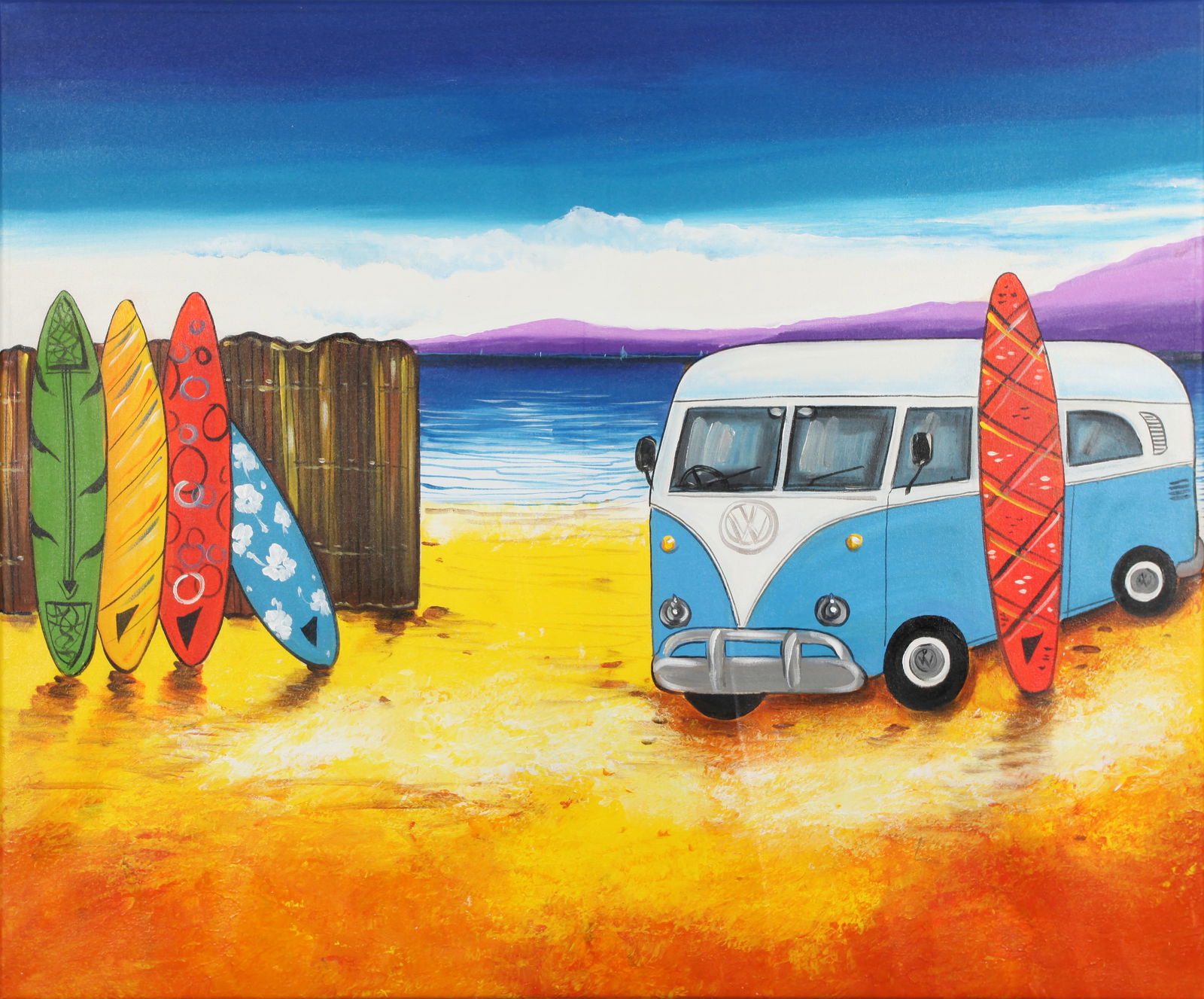 Untitled (Combi Van with Surfboards): Manfred's funky, hippy-style of painting is perfect for warm weather locations. While European, Manfred spent his youth in the United States, painting pop-art beach settings such as his Cobble Beach S