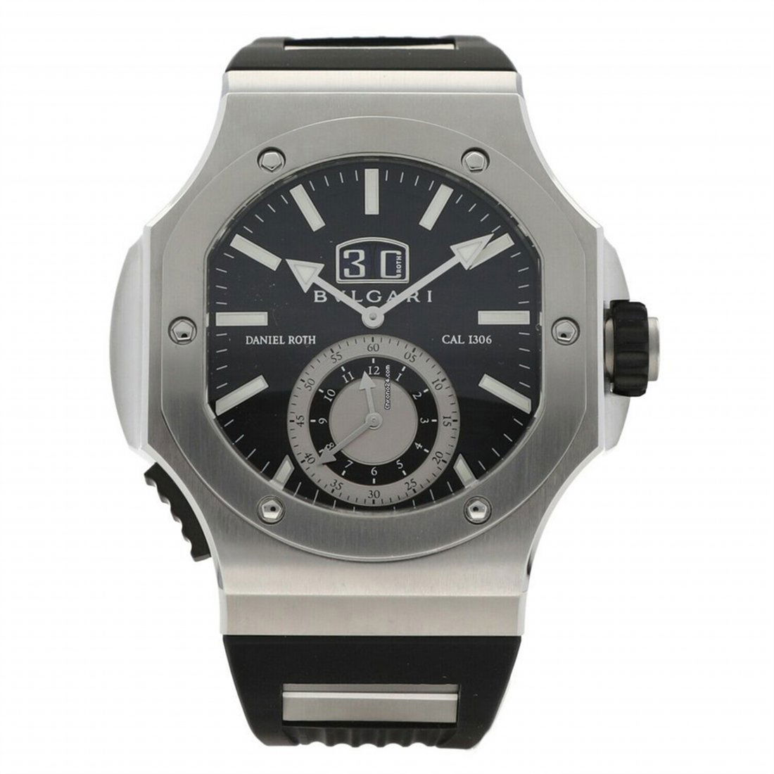 Authentic Bulgari Endurer Chronosprint Daniel Roth Mens: Used Bulgari Endurer Chronosprint Daniel Roth Mens Watch 53mm Steel Rubber bracelet, the watch dial is in Black with Silver Subdials. The watch is in clean condition with minor scratches, there is no