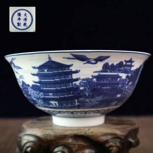 Qing Dynasty small bowl with blue and white landscape pattern: Qing Dynasty small bowl with blue and white landscape pattern the texture is clear, and the culture is full of flavor. The product is intact and worth collecting.