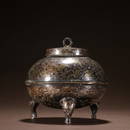 Han bronze pot with gold and silver patterns of birds and animals.