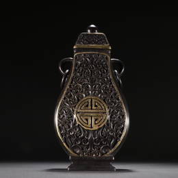 Qing Dynasty Small-leaf red sandalwood painted gold group longevity pattern cover bottle