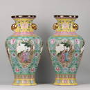 A pair of enamel and gilt fenestrated elephant-ear vases with character and story patterns, Yongzhen