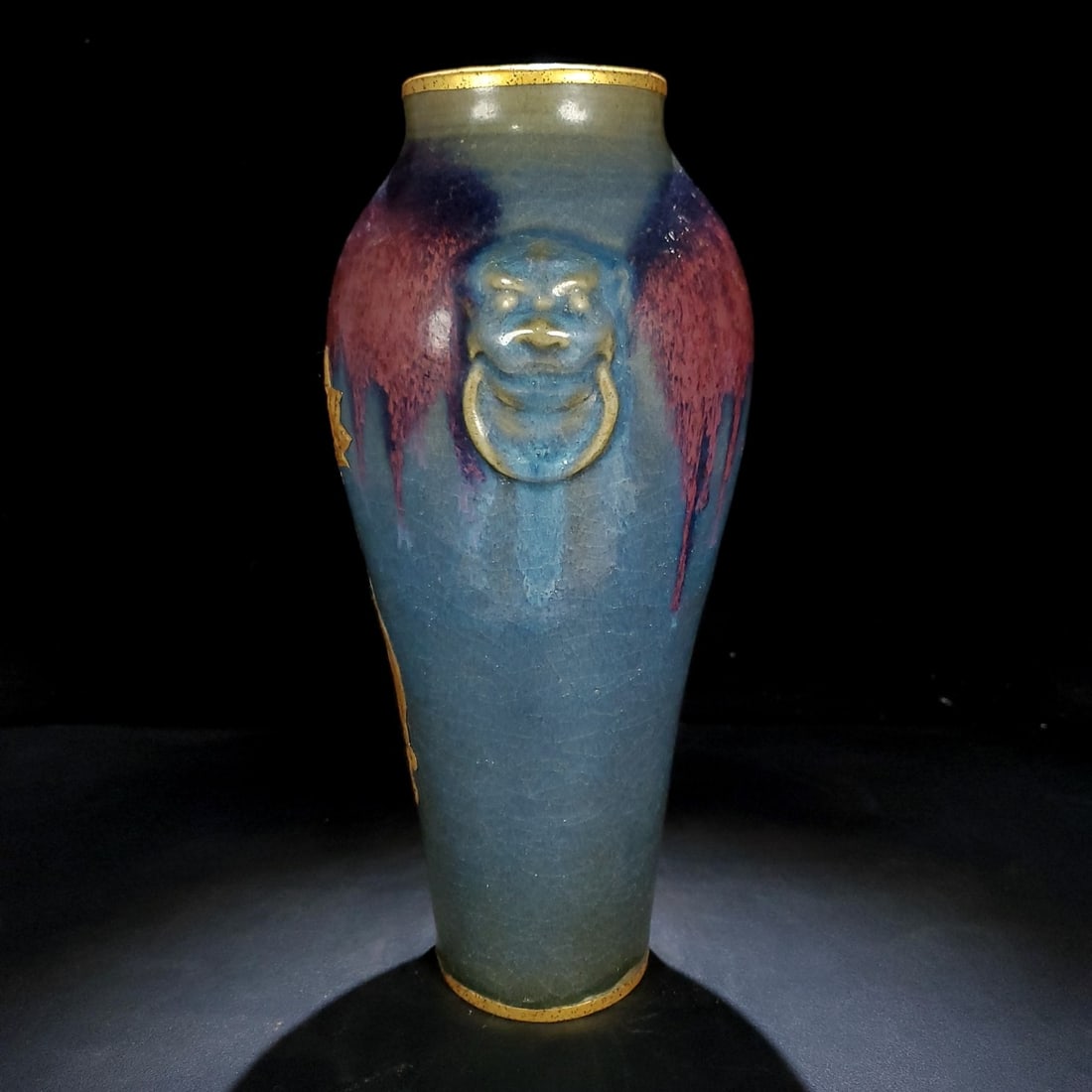 Song Dynasty Style Jun Kiln Glaze with Gilt Beast Ears and Ringed Bottle: Song Dynasty Jun Kiln style with gold-plated animal ear handles and rings vase, height 30 cm, width 14.8 cm