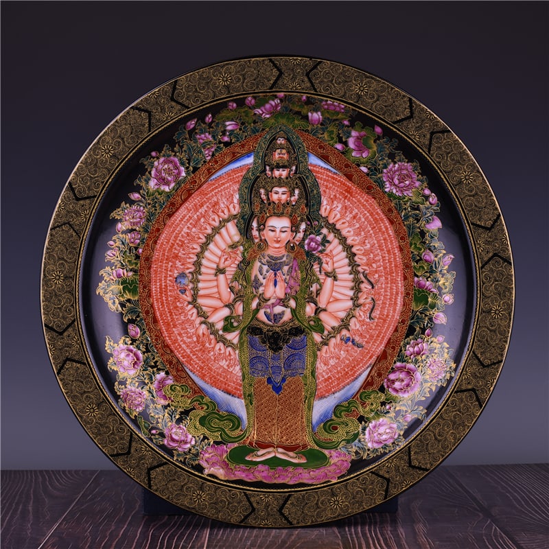 Qing Qianlong Style Cloisonne Enamel with Gold Tracery Open Mouth Dish of Thousand-Handed Guanyin (1 of 9)