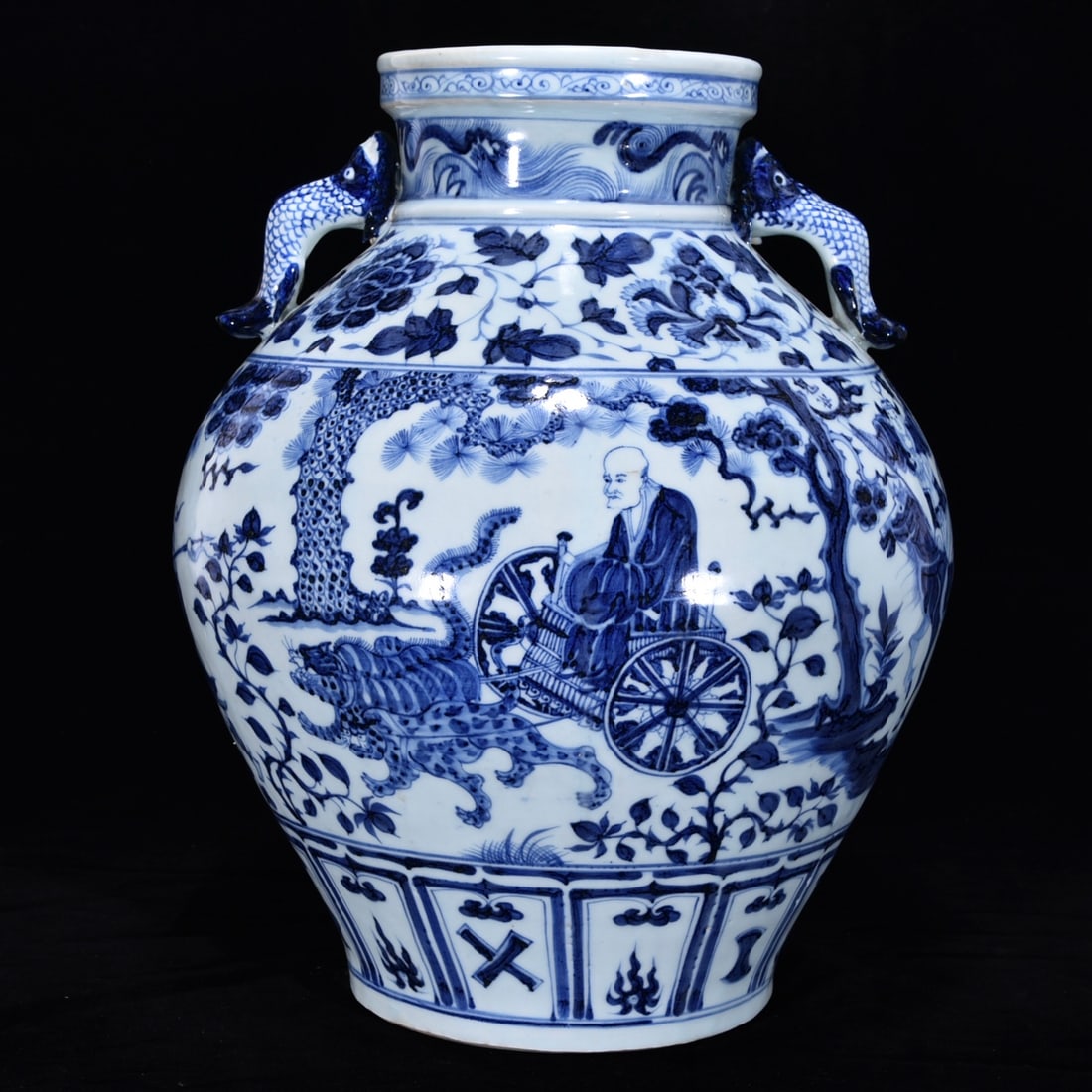 Yuan Dynasty Style Blue-and-White Guiguzi Going Down the Mountain Double-Ear Vase: Yuan Dynasty style blue and white Guiguzi descending from the mountain double-eared jar, height 39.5 centimeters, diameter 32 centimeters