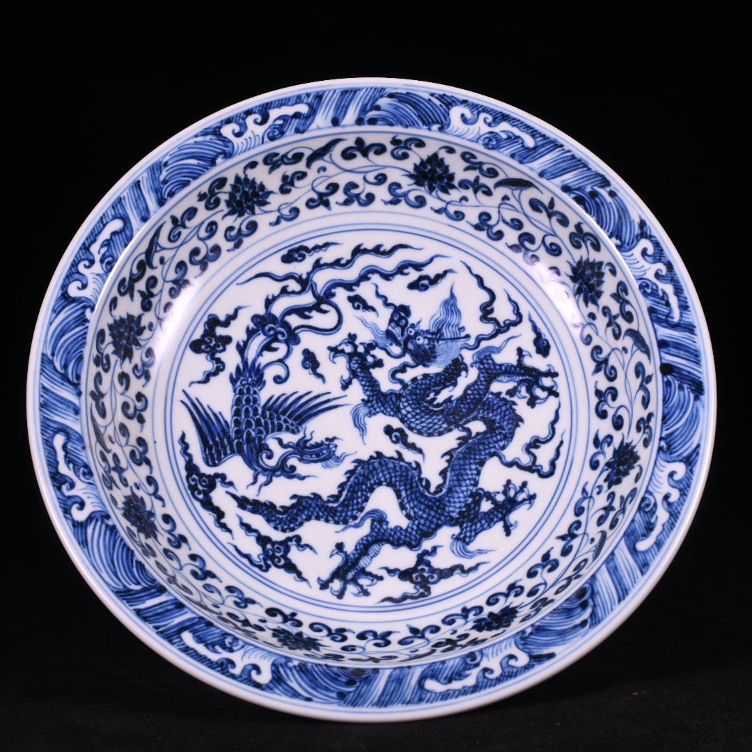 Ming Xuande Style Blue-and-White Dragon and Phoenix with Interlocking Lotus High-foot Plate (1 of 9)