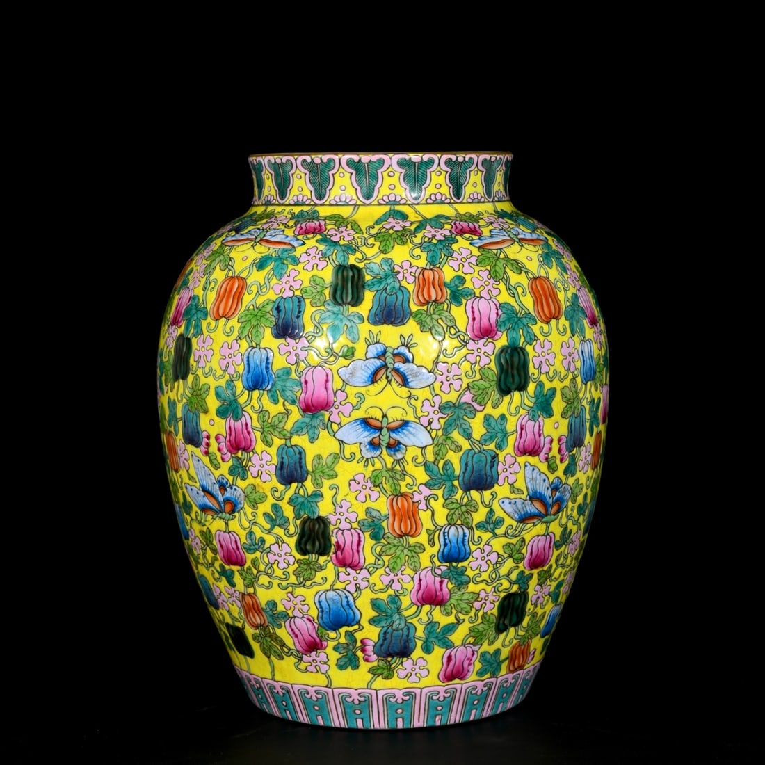 Qing Qianlong Style Cloisonné Enamel Butterfly and Fruit Jar: Qing Dynasty Qianlong Style Enamel Colored Butterfly Gourd Fruit Jar 29x24 cm