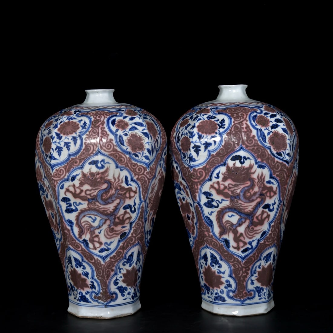 A pair of blue and white porcelain vases with underglaze red dragon and phoenix design from the Yuan (1 of 9)