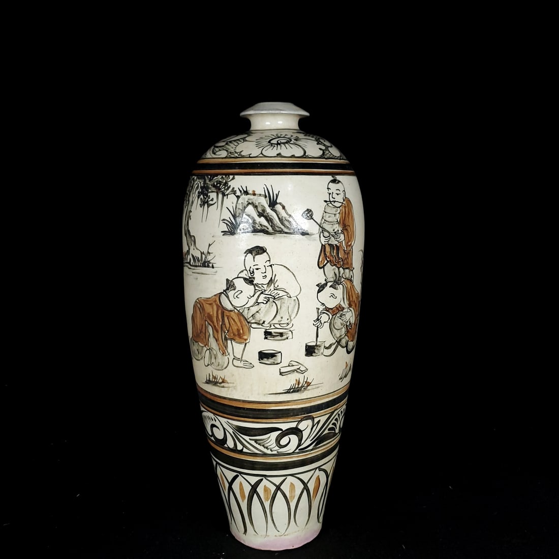Song Dynasty style Cizhou ware with a design of children playing and a poem inscribed on a plum vase: Song Dynasty style Cizhou ware painting with children playing and poetry patterned plum vase. Height: 38.5 cm, Diameter: 16 cm