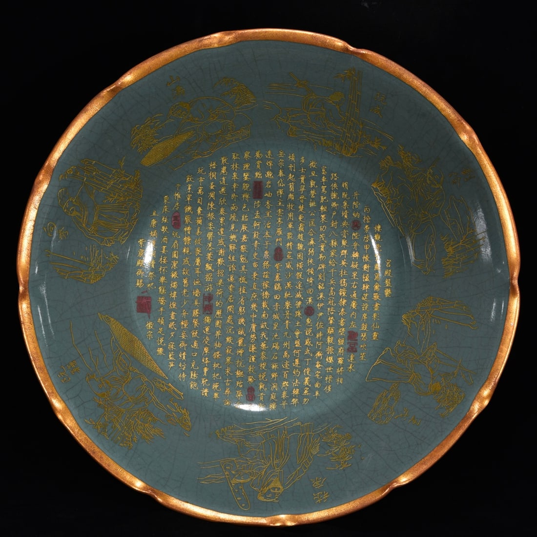 Northern Song Dynasty style Ru Kiln bowl with mouth inscription, gilded bamboo and Seven Sages (1 of 9)