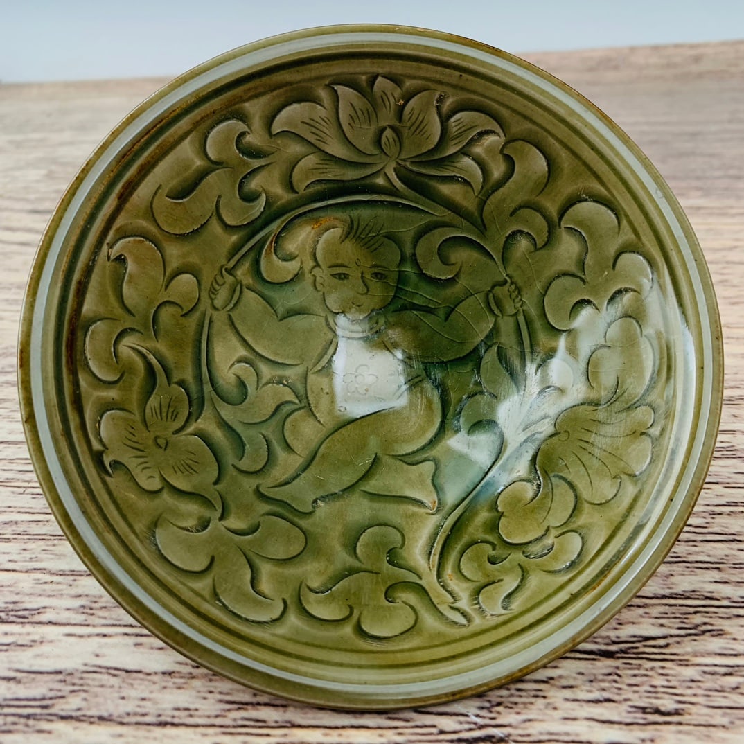 Song Dynasty Style Yaozhou Kiln Baby Play Pattern Bowl: Song Dynasty style Yaozhou kiln child play pattern bowl, height 5 cm, diameter 13 cm