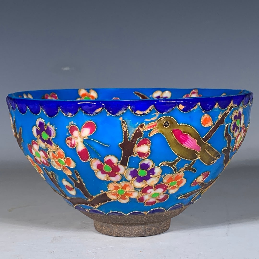 Song Dynasty style Jian Kiln Cloisonné 'Joy on the Brows' Pattern Cup: Song Dynasty style Jian Kiln Cloisonné Enamel Cup with Auspicious Design, height 7 cm, diameter 12.5 cm