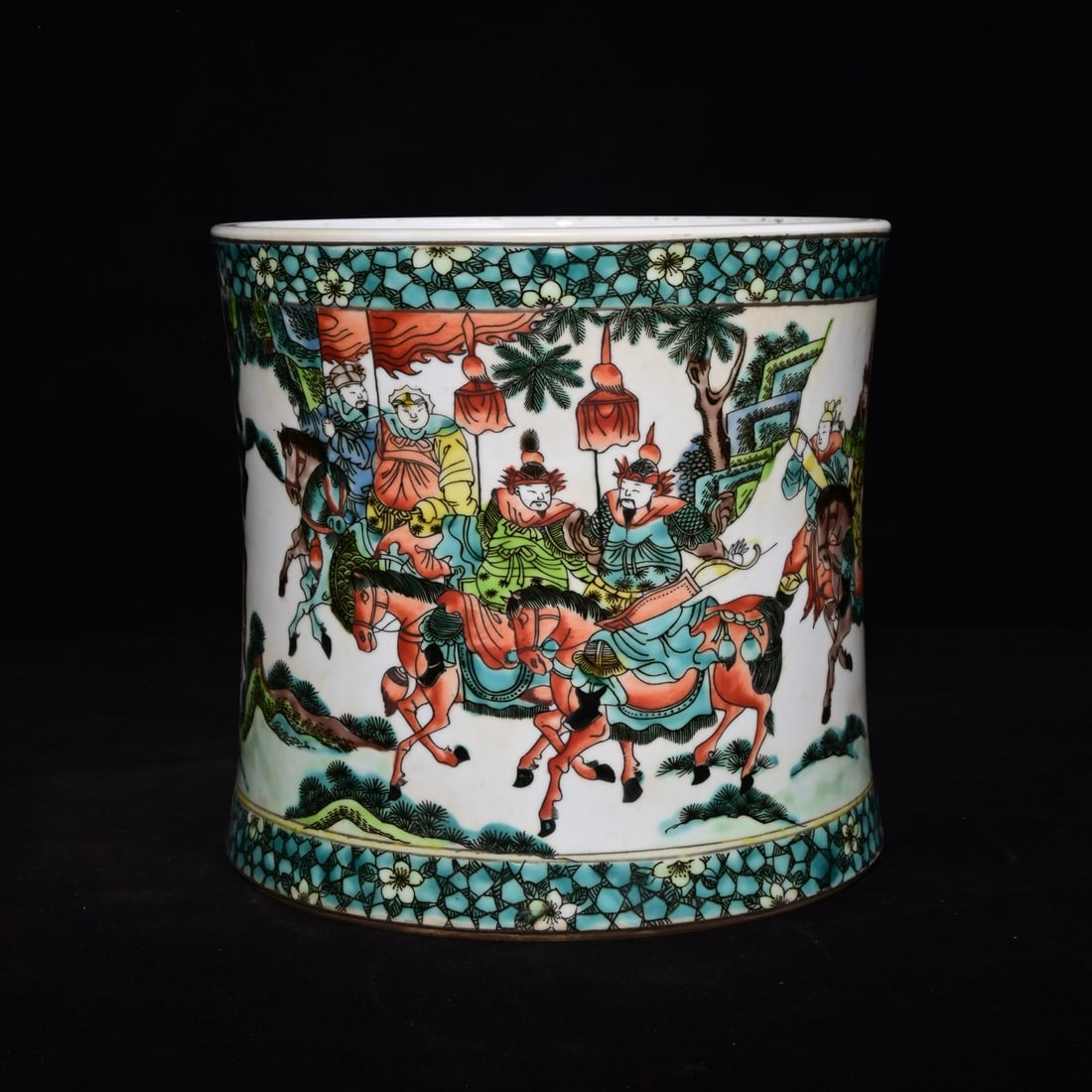 Qing Kangxi style Five-Color Warrior Brush Pot: Qing Kangxi style, Five-color Warrior Brush Pot, Height 18x18.8 centimeters