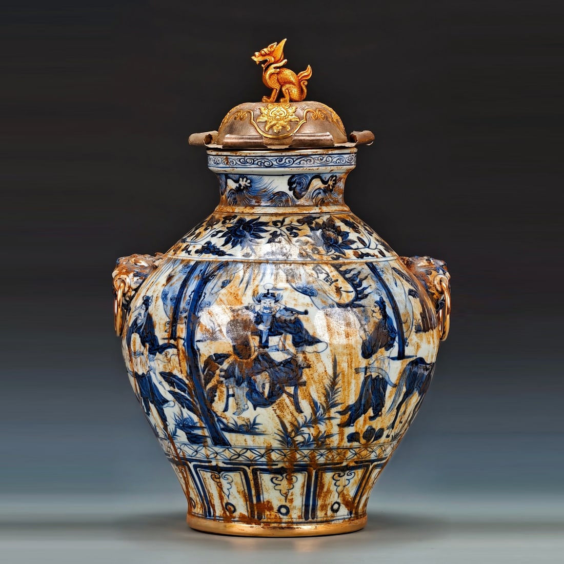 Yuan Dynasty Style Blue-and-White Beast-Headed Ring-Hanging Cover Pot (1 of 9)