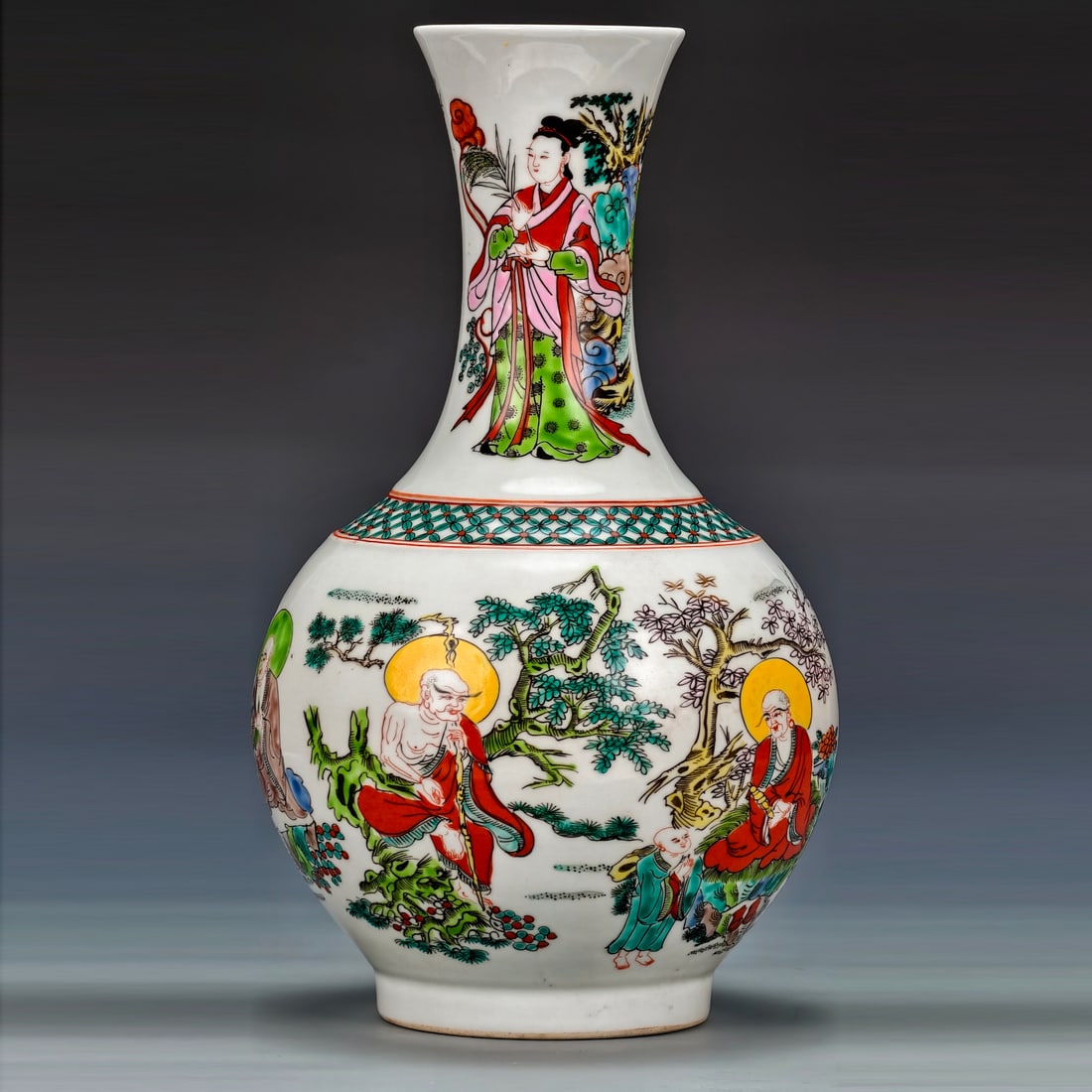 Qing Kangxi style famille-rose full-painted Phoenix-tail vase with an illustration of immortals (1 of 9)