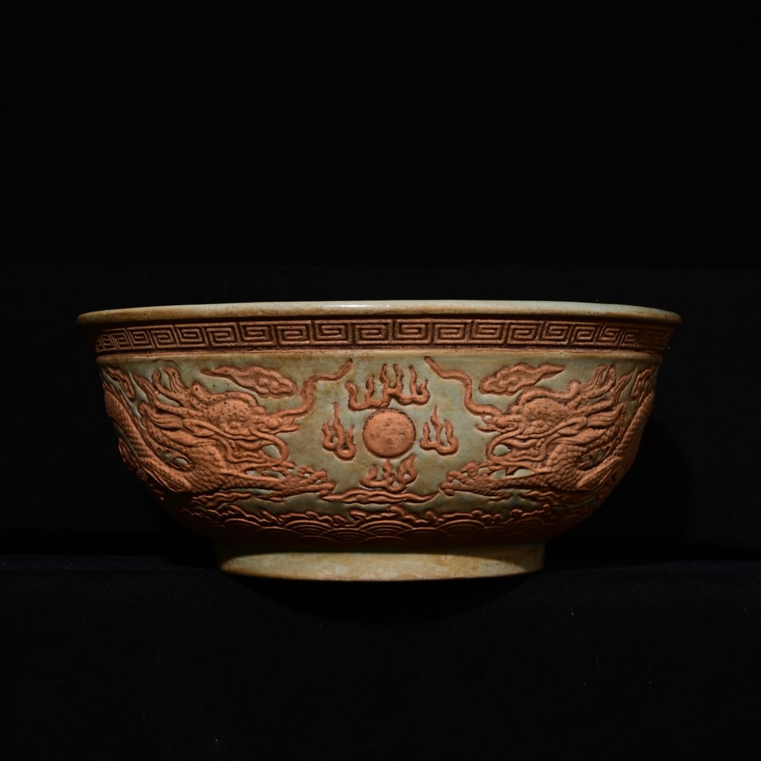 Song Dynasty style Ru Kiln large Song inscription carved dragon and phoenix pattern bowl: Song Dynasty style Ru Kiln large Song inscription carved dragon and phoenix pattern bowl, height 8.8 x 20.3 cm