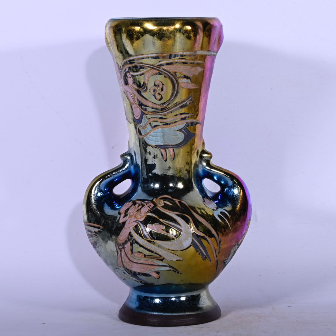 Song Dynasty Style Jian Kiln Imperial Feitian Pattern Seven-Color Glaze Glowing Phoenix Tail Vase: Song Dynasty style Jian Kiln Flying Apsaras Pattern Seven-Color Glaze Phoenix Tail Vase, height 22.5 x 13.5 cm