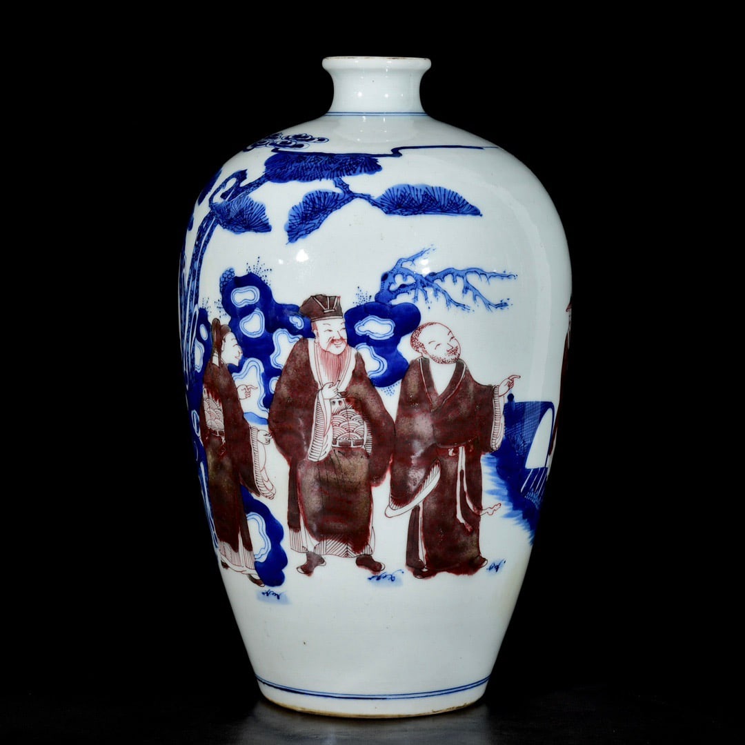 Qing Kangxi Style Blue and White Porcelain Vase with Underglaze Red Figures and Stories: Qing Kangxi style blue and white porcelain with underglaze red figure story meiping, 32x18 centimeters