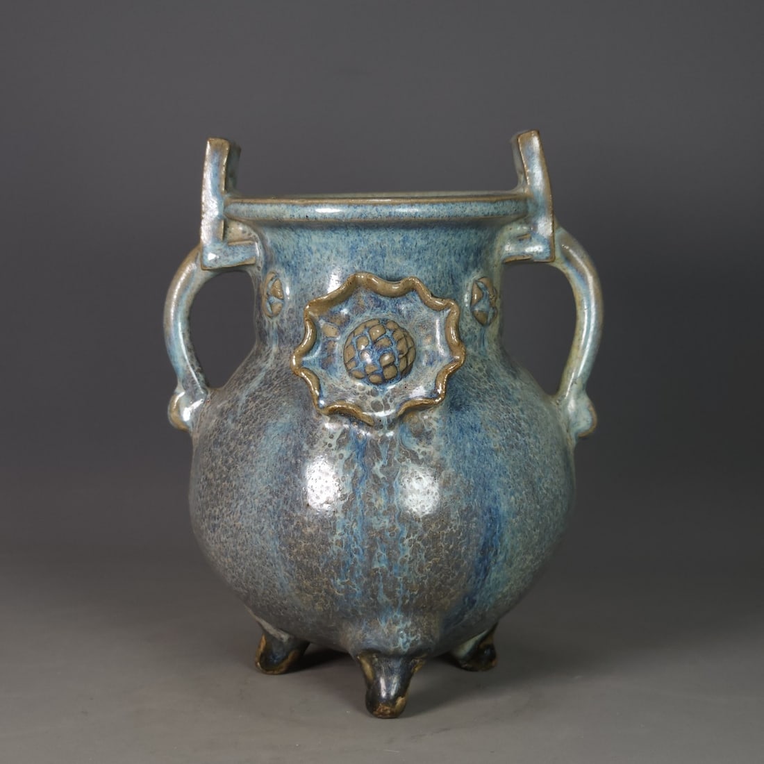 Song Dynasty Style Jun Kiln Tripod Incense Burner with Two Ears: Song Dynasty style Jun kiln three-legged double-eared incense burner, 17 cm in height