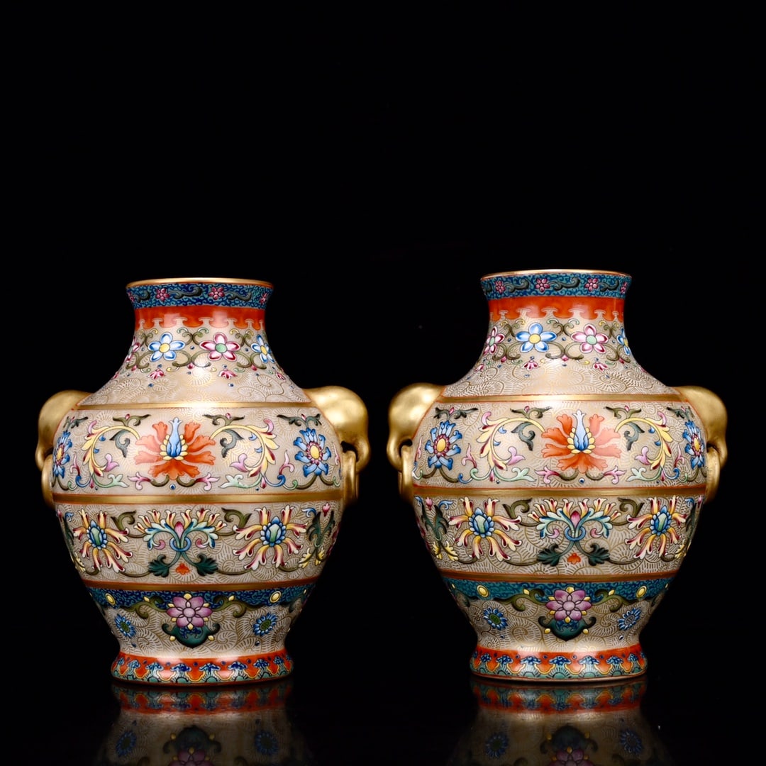 Qing Yongzheng Style Enamel with Gold Outline and Floral Design Elephant Ear Vase (1 of 9)