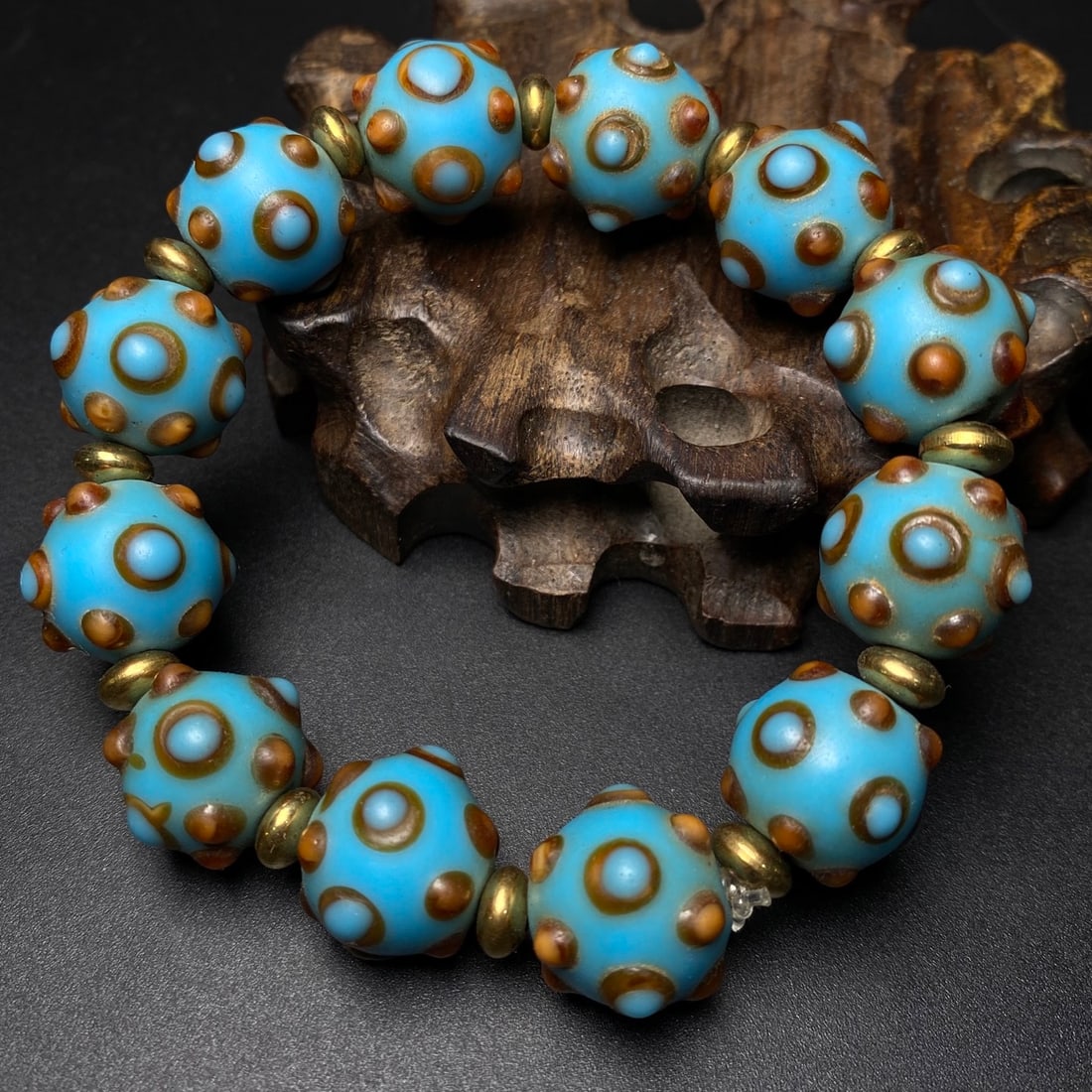 Old Glaze Dragonfly Eye Bracelet: Old Glaze Dragonfly Eye Bracelet Size: 17x15 millimeters x 12 beads