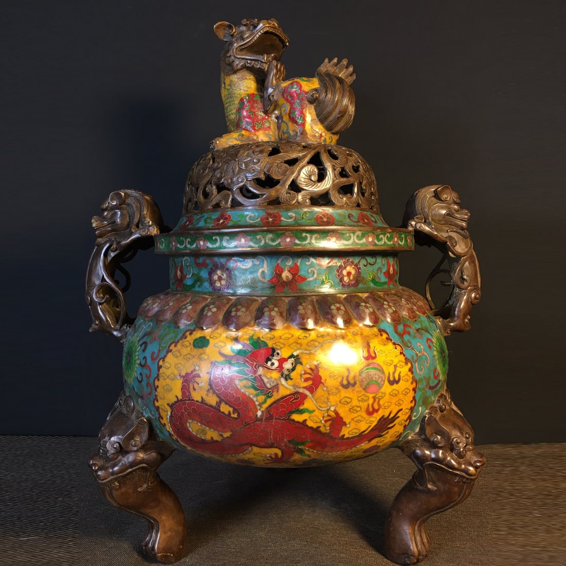 Cloisonné Incense Burner: Cloisonné Incense Burner, length 39 cm, diameter 25 cm, height 53 cm, weight 26 jin