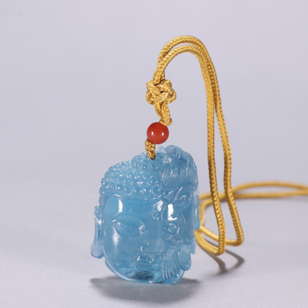 Qing Dynasty Style Blue Sapphire Buddha Pendant: Qing Dynasty Style Seagreen Jade Buddha Head Pendant - Specifications: Width 4x3.1cm, Weight 34.5g
